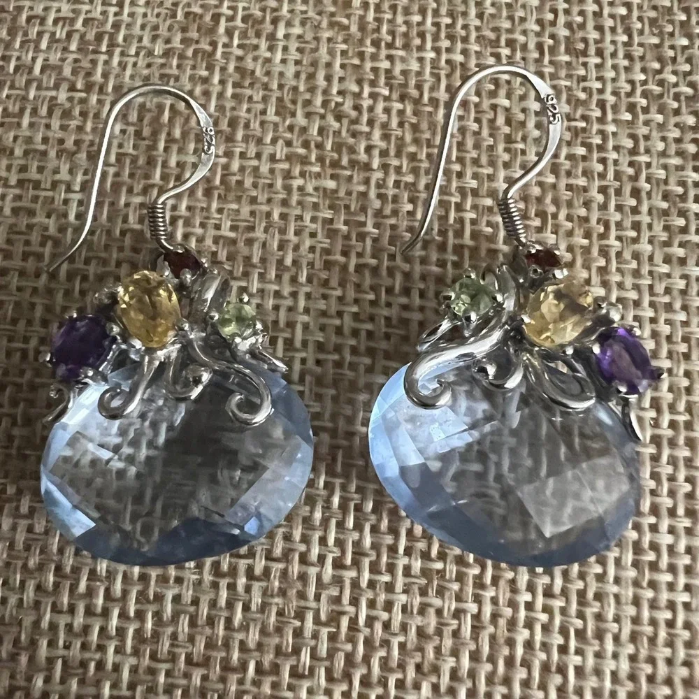 925 Sterling Silver Multi Color Glass Blue Topaz Drop Earrings 1.25